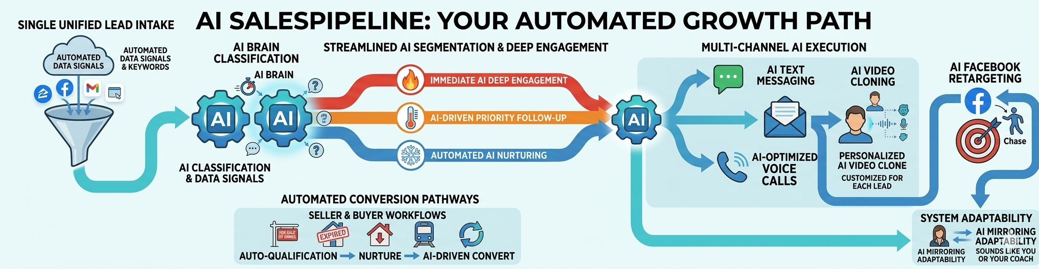AI Sales Pipeline system diagram showing the complete lead follow-up automation workflow: capture leads from Zillow, Facebook, and Google, AI scoring, automated SMS email and voice follow-up, AI clone video, and Facebook retargeting